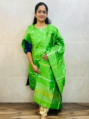 Semi raw silk top (cotton lining) with all over zari woven buttas paired with zari woven semi raw silk dupatta with semi raw silk bottom (Free size)