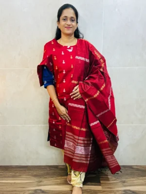 Semi raw silk top (cotton lining) with all over zari woven buttas paired with zari woven semi raw silk dupatta with semi raw silk bottom (Free size)