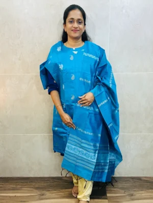 Semi raw silk top (cotton lining) with all over zari woven buttas paired with zari woven semi raw silk dupatta with semi raw silk bottom (Free size)