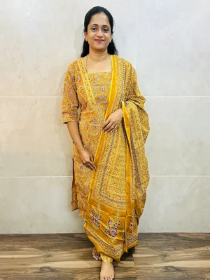 Ajrakh dyed cotton top (cotton lining) paired with cotton dupatta and cotton bottom (free size)