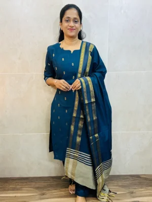 Semi raw silk top (cotton lining) with semi raw silk dupatta with semi raw silk bottom (Free size)