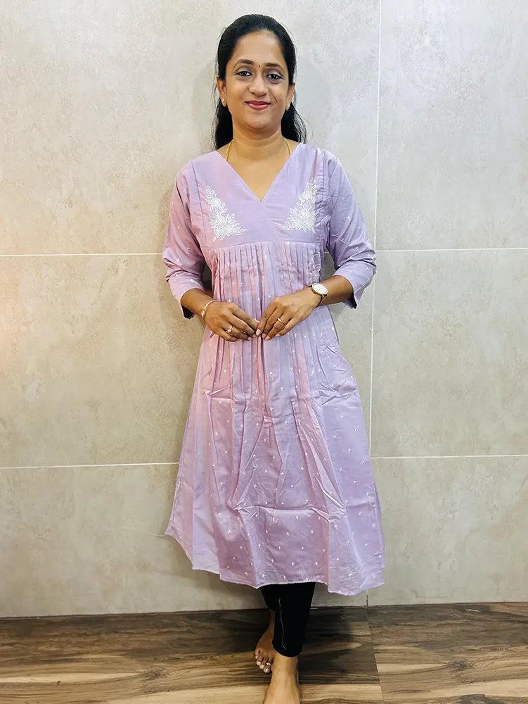 Soft silk top (crepe lining) with allover embroidery and pleated work on yoke (Aline pattern)