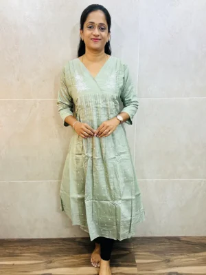 Soft silk top (crepe lining) with allover embroidery and pleated work on yoke (Aline pattern)