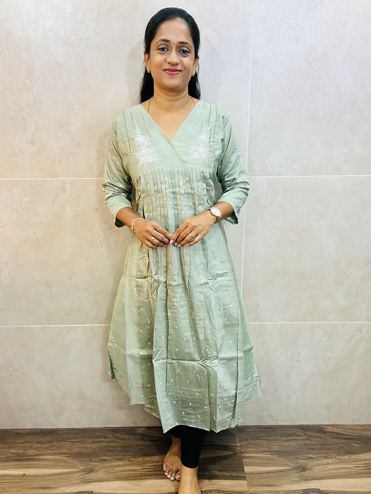 Soft silk top (crepe lining) with allover embroidery and pleated work on yoke (Aline pattern)