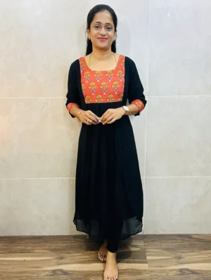 Black - Georgette top (crepe lining) with cotton patchwork on yoke and sleeves (Aline pattern)