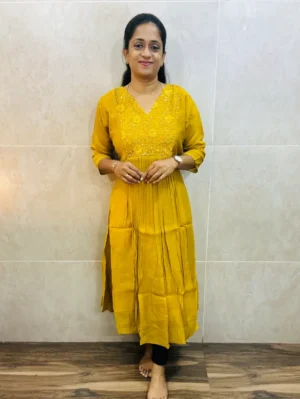 Premium soft silk top (cotton lining) with embroidered hand worked yoke with pleated flare (Aline pattern)