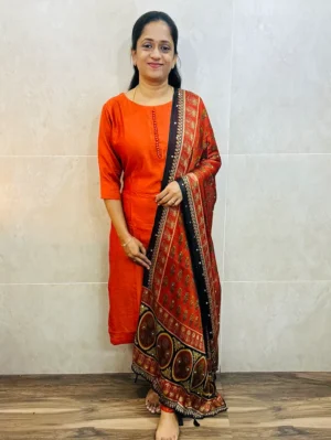 Soft silk top (crepe lining) with Potli work on yoke paired with mirrorworked crush Georgette dupatta and silk bottom (free size)