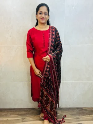 Soft silk top (crepe lining) with Potli work on yoke paired with mirrorworked crush Georgette dupatta and silk bottom (free size)