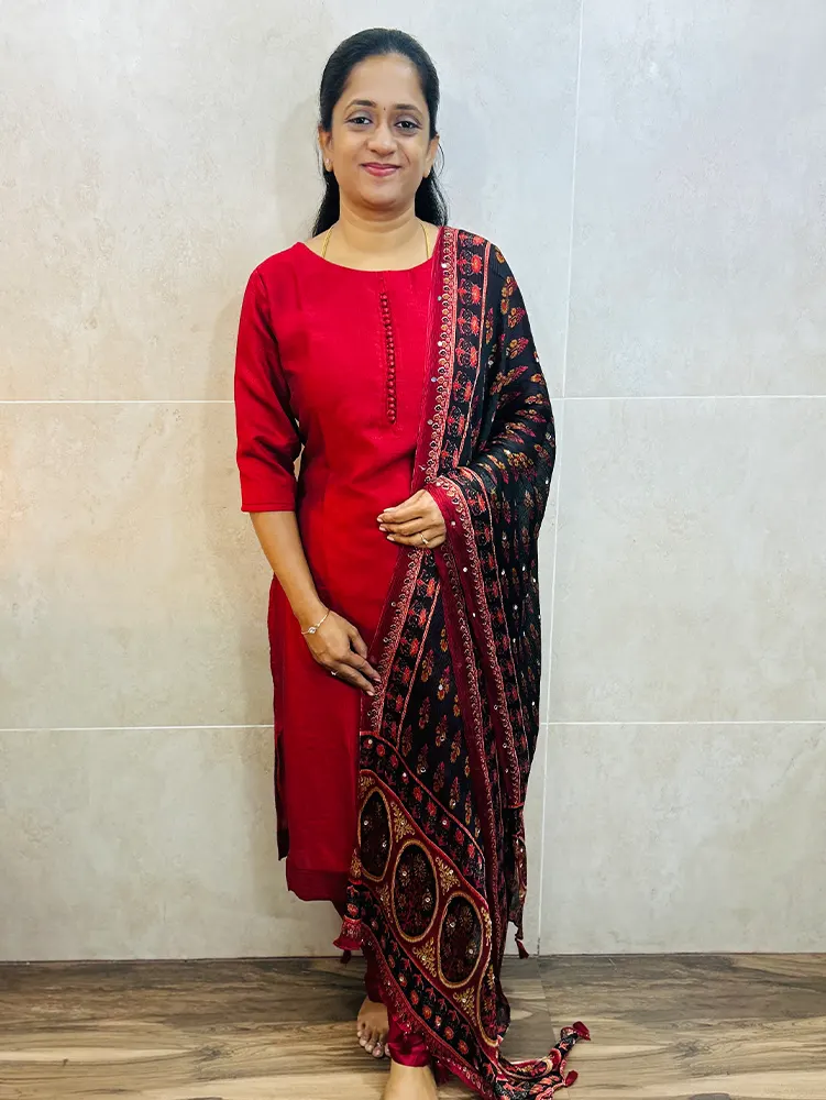 Soft silk top (crepe lining) with Potli work on yoke paired with mirrorworked crush Georgette dupatta and silk bottom (free size)