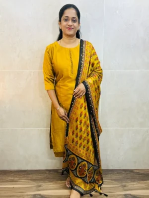 Soft silk top (crepe lining) with Potli work on yoke paired with mirrorworked crush Georgette dupatta and silk bottom (free size)