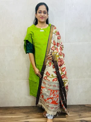 Semi raw silk top (cotton lining) with all over zari woven buttas paired with Kalamkari printed chennuri silk dupatta with semi raw silk bottom (free size)