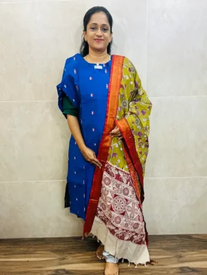 Semi raw silk top (cotton lining) with all over zari woven buttas paired with Kalamkari printed chennuri silk dupatta with semi raw silk bottom (free size)