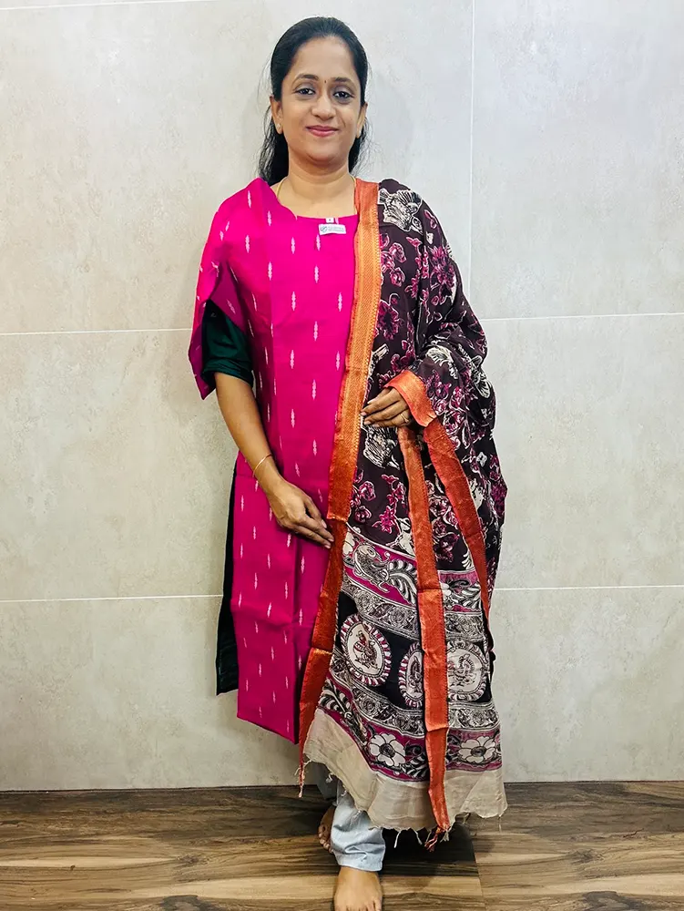 Semi raw silk top (cotton lining) with all over zari woven buttas paired with Kalamkari printed chennuri silk dupatta with semi raw silk bottom (free size)