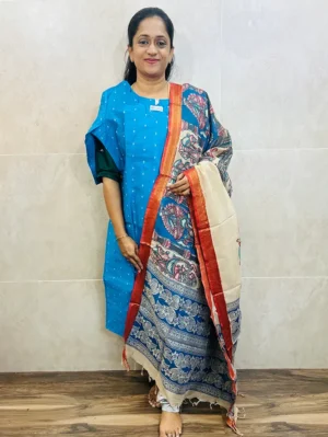 Semi raw silk top (cotton lining) with all over zari woven buttas paired with Kalamkari printed chennuri silk dupatta with semi raw silk bottom (free size)