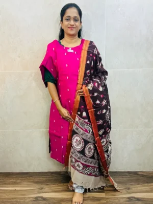 Semi raw silk top (cotton lining) with all over zari woven buttas paired with Kalamkari printed chennuri silk dupatta with semi raw silk bottom (free size)