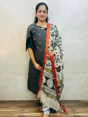 Semi raw silk top (cotton lining) with all over zari woven buttas paired with Kalamkari printed chennuri silk dupatta with semi raw silk bottom (free size)