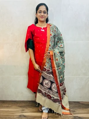 Semi raw silk top (cotton lining) with all over zari woven buttas paired with Kalamkari printed chennuri silk dupatta with semi raw silk bottom (free size)