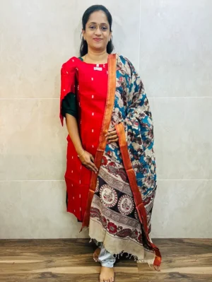 Semi raw silk top (cotton lining) with all over zari woven buttas paired with Kalamkari printed chennuri silk dupatta with semi raw silk bottom (free size)