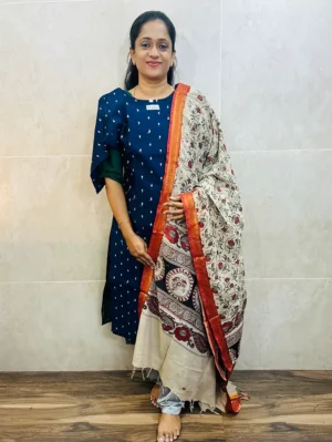 Semi raw silk top (cotton lining) with all over zari woven buttas paired with Kalamkari printed chennuri silk dupatta with semi raw silk bottom (free size)