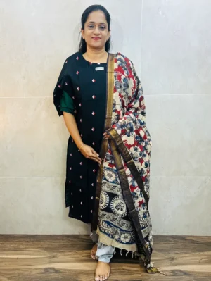 Semi raw silk top (cotton lining) with all over zari woven buttas paired with Kalamkari printed chennuri silk dupatta with semi raw silk bottom (free size)