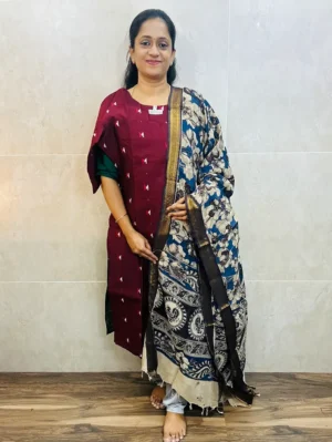 Semi raw silk top (cotton lining) with all over zari woven buttas paired with Kalamkari printed chennuri silk dupatta with semi raw silk bottom (free size)