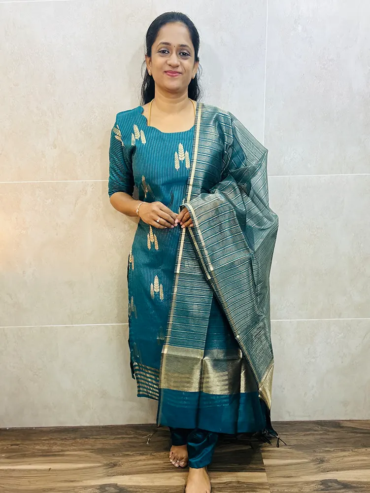 Premium Benarasi silk top (cotton lining) with allover zari weaving paired with Benaras silk dupatta and silk bottom (free size)