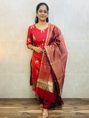 Premium Benarasi silk top (cotton lining) with allover zari weaving paired with Benaras silk dupatta and silk bottom (free size)