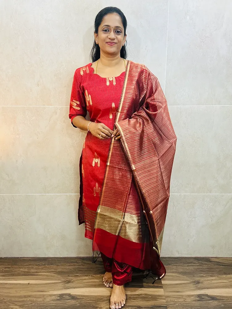 Premium Benarasi silk top (cotton lining) with allover zari weaving paired with Benaras silk dupatta and silk bottom (free size)