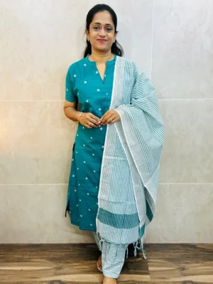 Handloom cotton top (cotton lining) paired with handloom cotton dupatta and cotton bottom (free size)