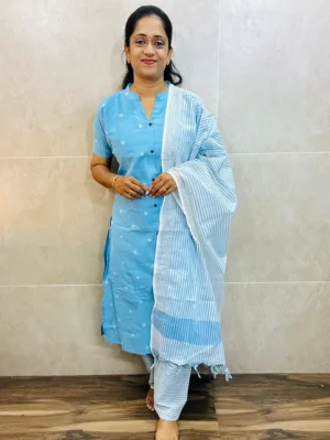 Handloom cotton top (cotton lining) paired with handloom cotton dupatta and cotton bottom (free size)
