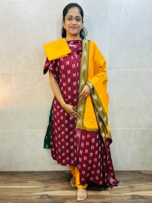 Pure handloom Ikkat cotton top (cotton lining) paired with Ikkat cotton dupatta and cotton bottom (free size)