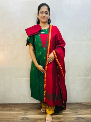 Semi raw silk top (cotton lining) paired with semi raw silk dupatta and semi raw silk bottom (Free size)