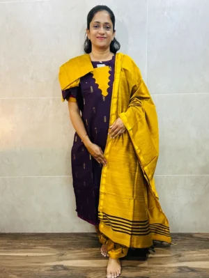 Semi raw silk top (cotton lining) paired with semi raw silk dupatta and semi raw silk bottom (Free size)