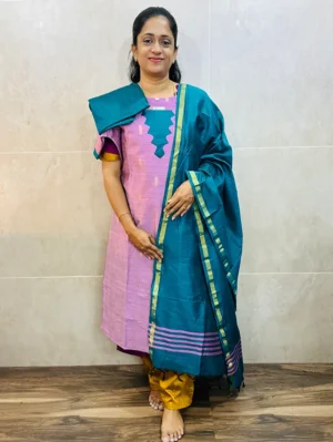 Semi raw silk top (cotton lining) paired with semi raw silk dupatta and semi raw silk bottom (Free size)