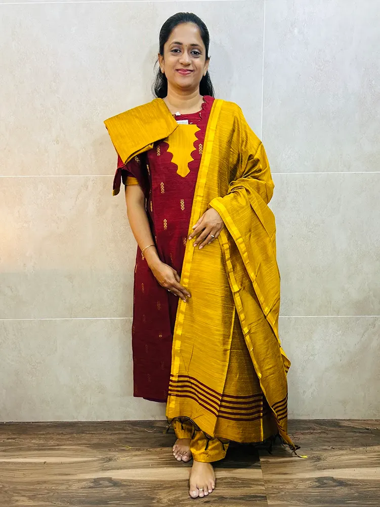 Semi raw silk top (cotton lining) paired with semi raw silk dupatta and semi raw silk bottom (Free size)