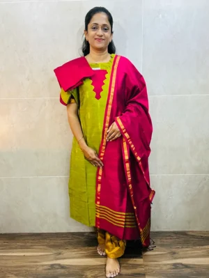 Semi raw silk top (cotton lining) paired with semi raw silk dupatta and semi raw silk bottom (Free size)