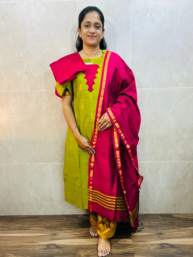 Semi raw silk top (cotton lining) paired with semi raw silk dupatta and semi raw silk bottom (Free size)