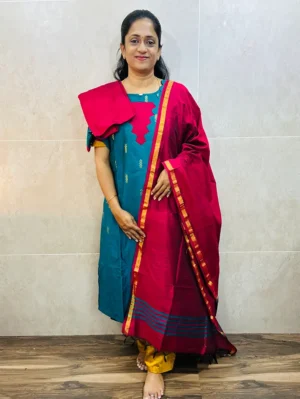 Semi raw silk top (cotton lining) paired with semi raw silk dupatta and semi raw silk bottom (Free size)