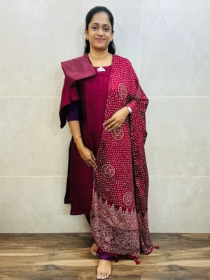 Soft silk top (crepe lining) paired with mirror worked Georgette dupatta and silk bottom (free size)