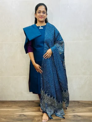 Soft silk top (crepe lining) paired with mirror worked Georgette dupatta and silk bottom (free size)