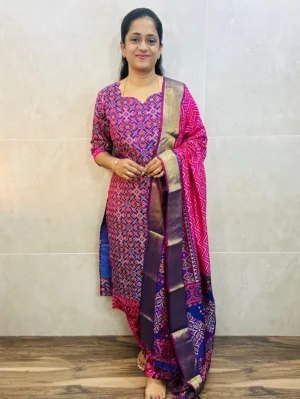 Soft Patola silk top (cotton lining) paired with Patola silk dupatta and printed silk bottom (free size)