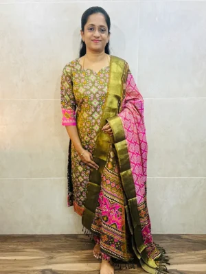 Soft Patola silk top (cotton lining) paired with Patola silk dupatta and printed silk bottom (free size)