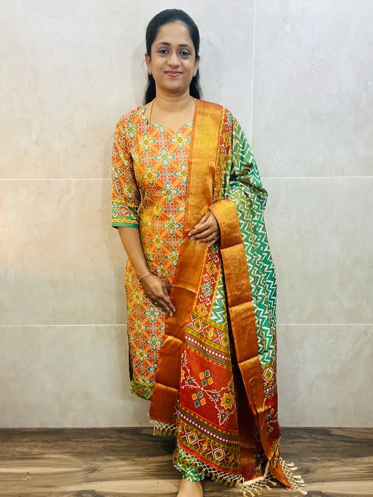 Soft Patola silk top (cotton lining) paired with Patola silk dupatta and printed silk bottom (free size)