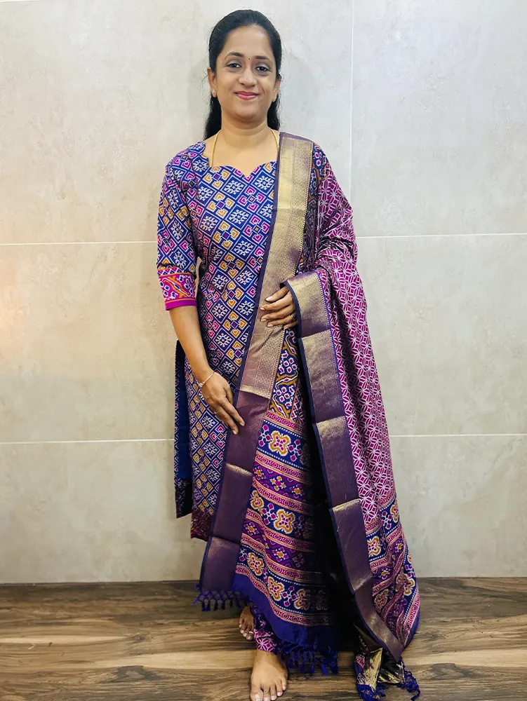 Soft Patola silk top (cotton lining) paired with Patola silk dupatta and printed silk bottom (free size)