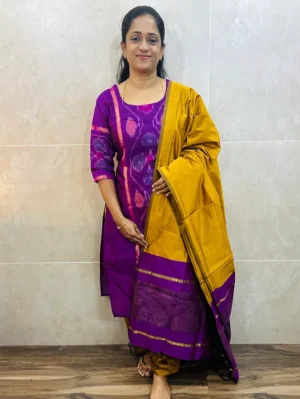 Premium Pochampally handloom silk cotton top (cotton lining) paired with silk cotton dupatta and silk bottom (Free size)