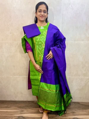 Premium Pochampally handloom silk cotton top (cotton lining) paired with silk cotton dupatta and silk bottom (Free size)