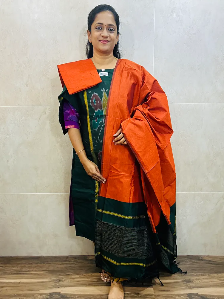 Premium Pochampally handloom silk cotton top (cotton lining) paired with silk cotton dupatta and silk bottom (Free size)