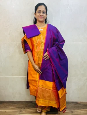 Premium Pochampally handloom silk cotton top (cotton lining) paired with silk cotton dupatta and silk bottom (Free size)