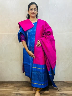 Premium Pochampally handloom silk cotton top (cotton lining) paired with silk cotton dupatta and silk bottom (Free size)