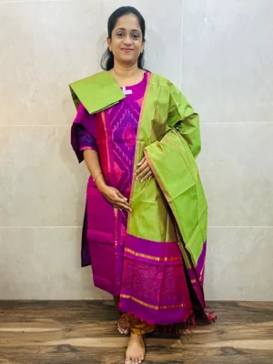 Premium Pochampally handloom silk cotton top (cotton lining) paired with silk cotton dupatta and silk bottom (Free size)